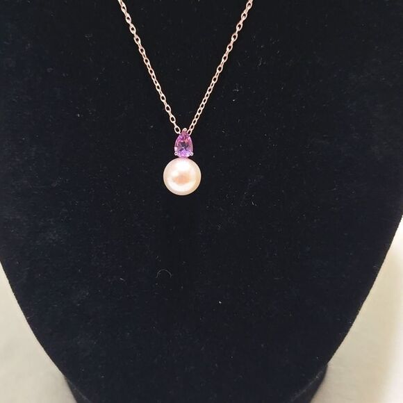 18k Rose Gold Plated Sterling and Freshwater Pearl Necklace - Picture 5 of 8